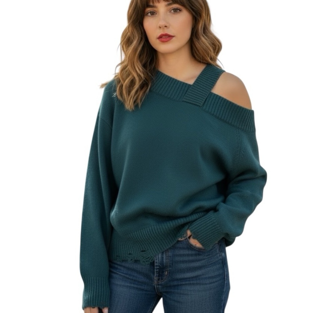 NWT La Miel M/L Distressed Blue Green Sweater Off The Shoulder Cozy